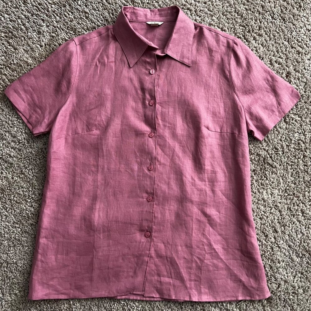 L.L.Bean Women’s Linen Button Up Shirt Small Petite Pink Short Sleeve